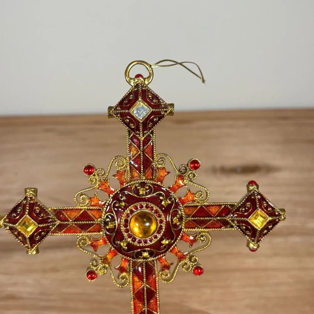 Vintage Jeweled Cross Christmas Ornament Gold Burgundy Enamel Religious Decor